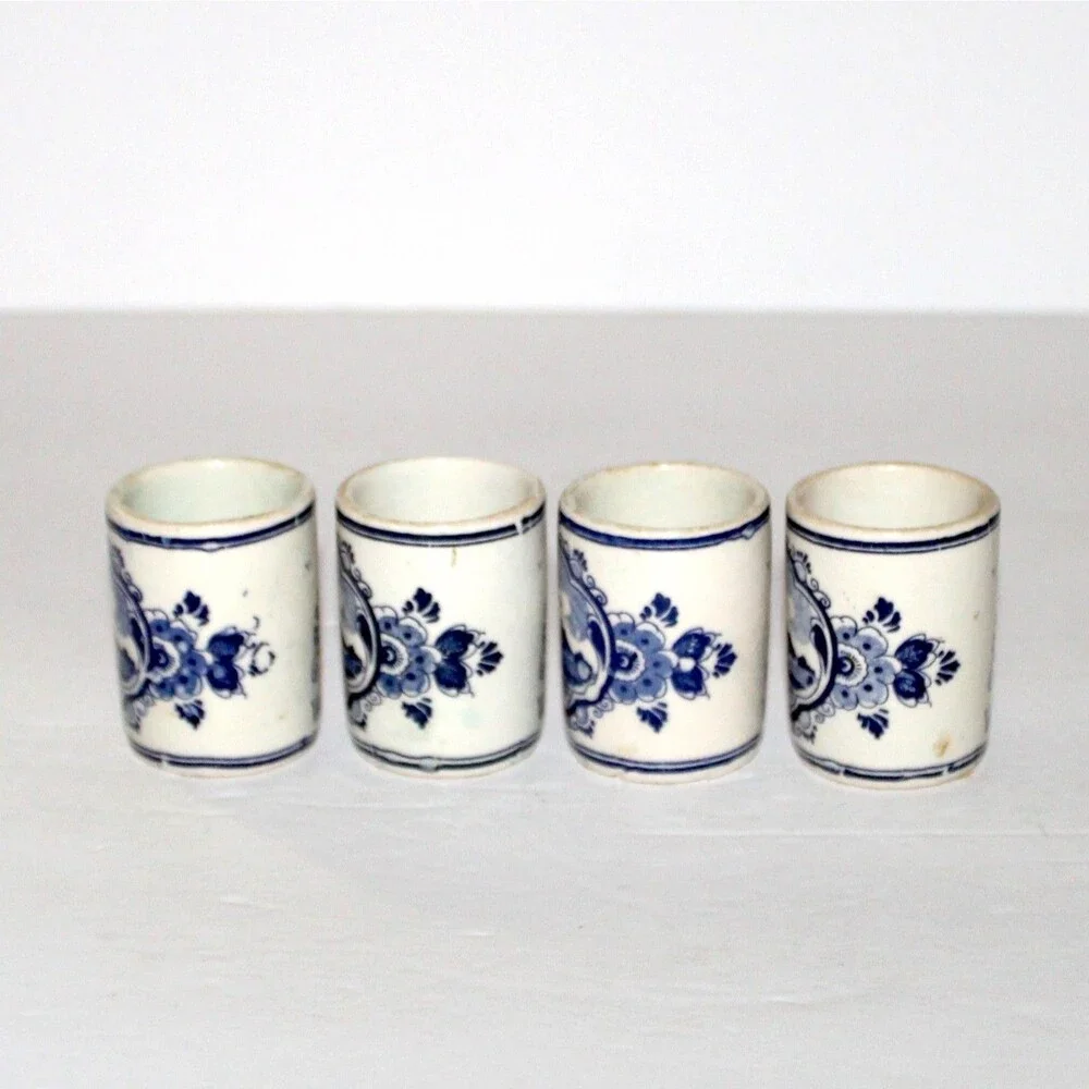 Vintage Vandermint Delft Ceramic Shot Glass Set of 4 Holland white blue